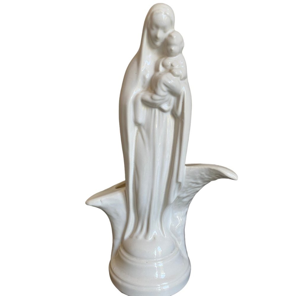 Vintage Madonna And Child Religious Catholic Statue Neutral Figural Planter Vase